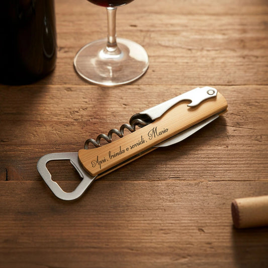 Cavatappi multiuso personalizzato in bambù e acciaio inox