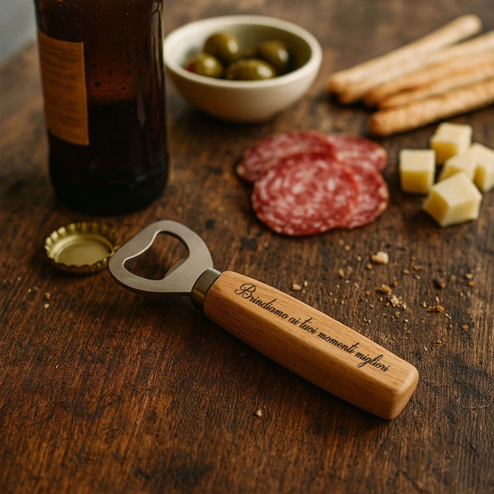 Apribottiglie personalizzato in legno e acciaio inciso