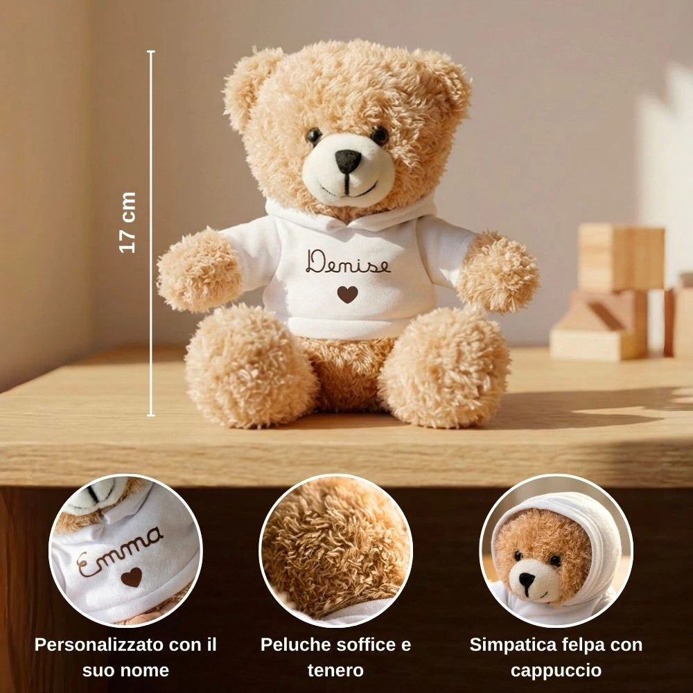 Peluche con cappuccio e scritta personalizzata in stampatello