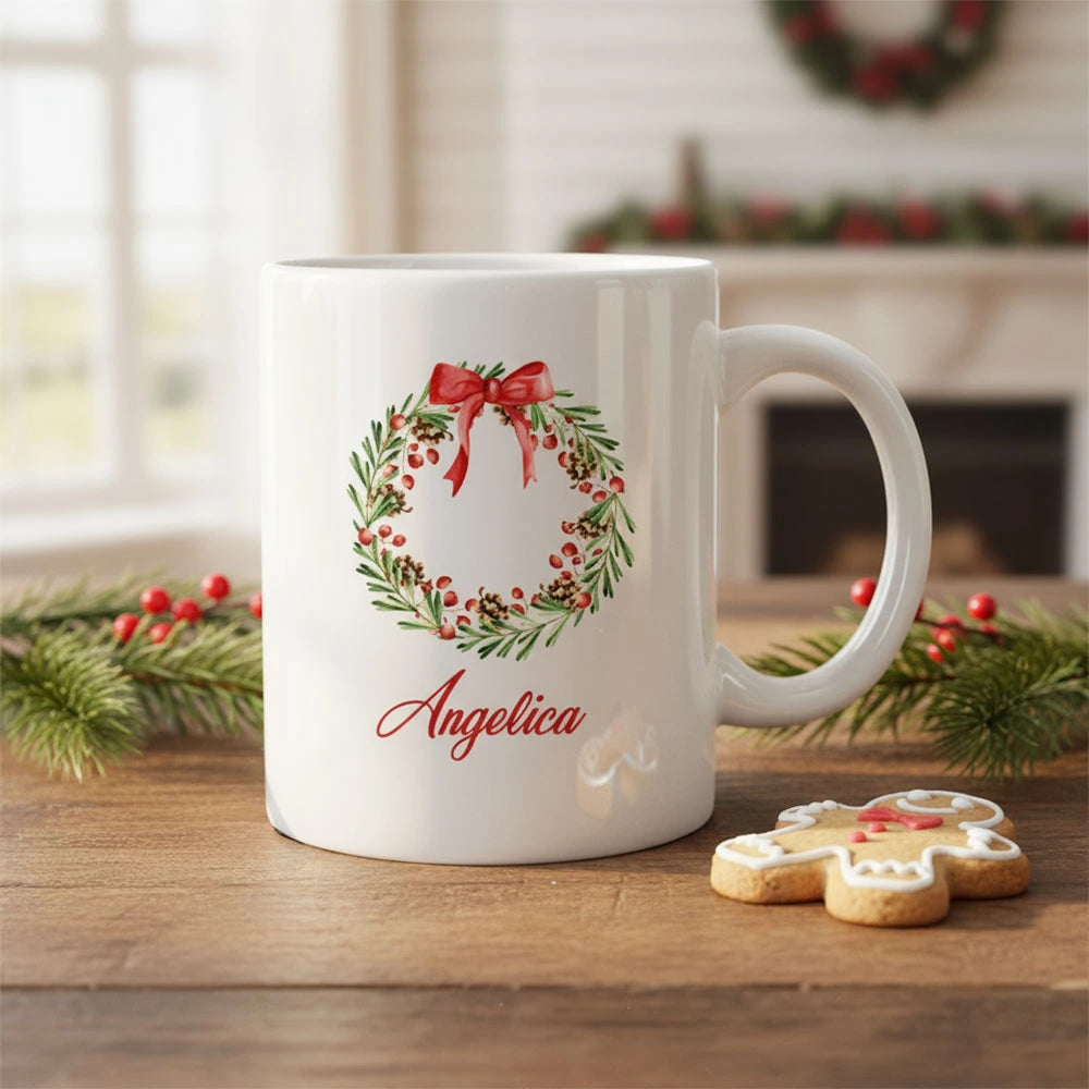 Tazza natalizia personalizzata con ghirlanda e nome