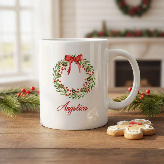 Tazza natalizia personalizzata con ghirlanda e nome
