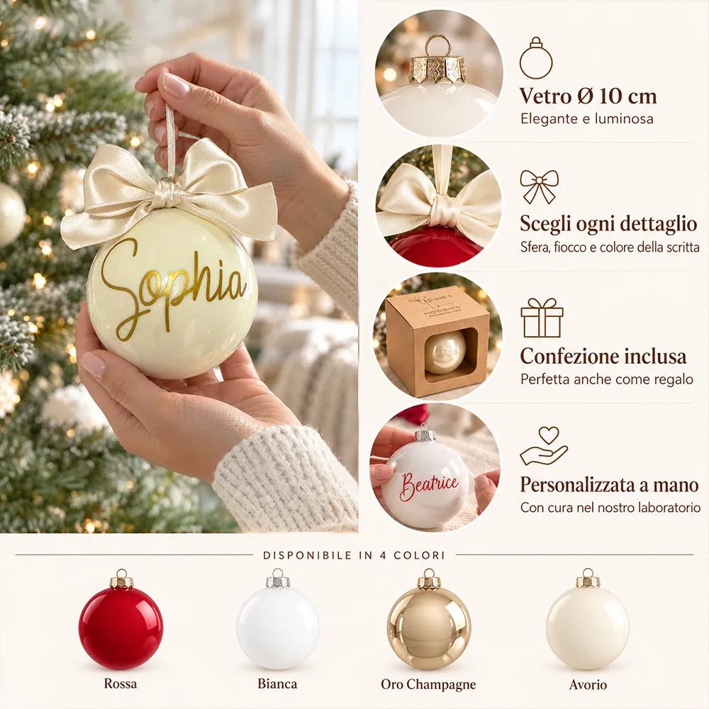Infografica della sfera di Natale personalizzata in vetro da 10 cm con scelta di colore, fiocco, scritta e confezione inclusa