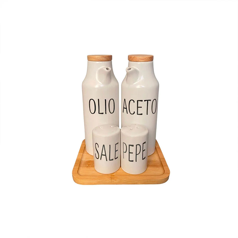 Set sale, pepe, olio e aceto in ceramica con vassoio in bambù