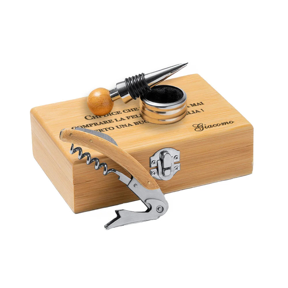 Set regalo vino personalizzato con custodia in bambù e accessori in acciaio inox