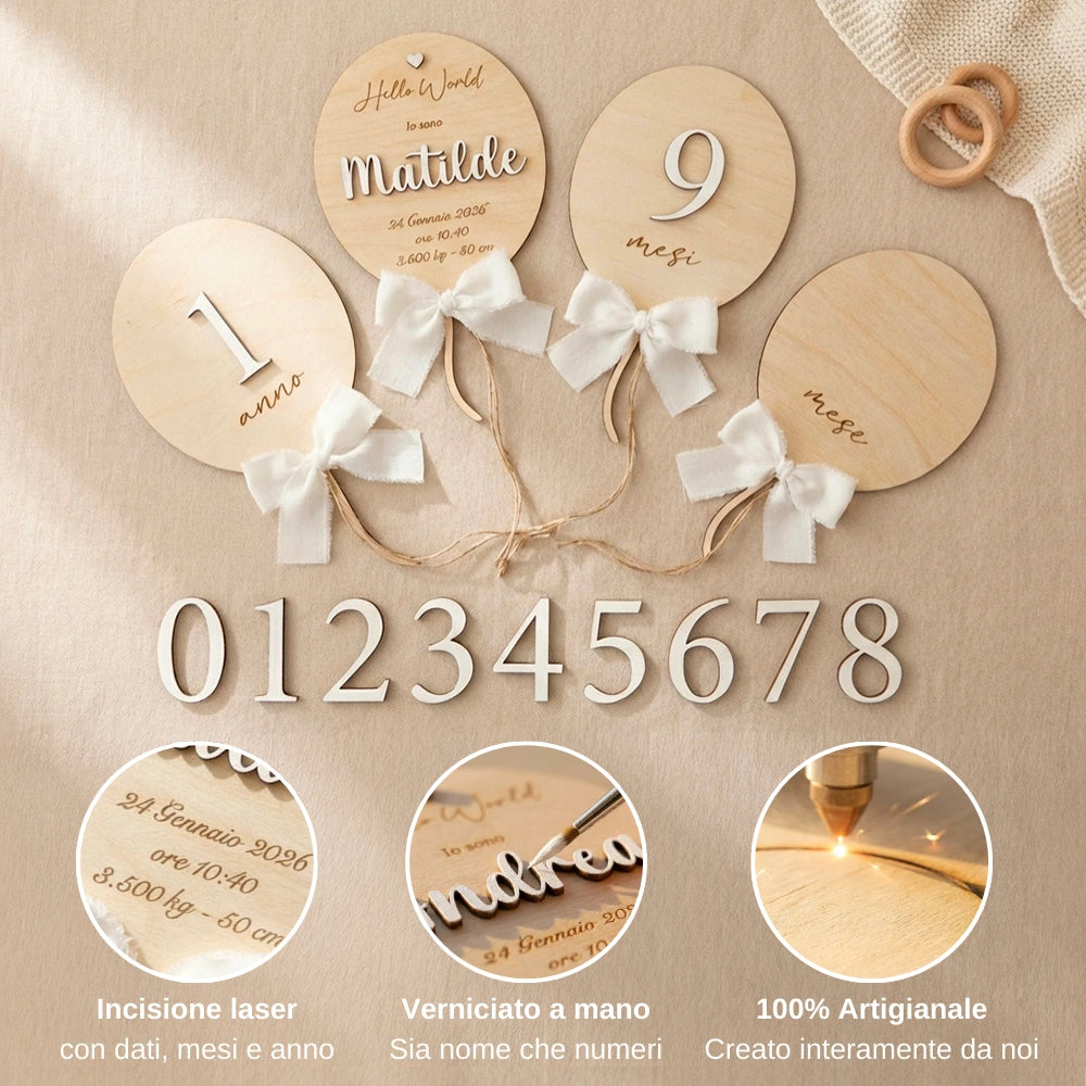 Palloncini in legno con nome e dati nascita incisi a laser