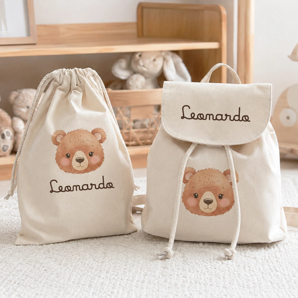 Set asilo personalizzato con zainetto e sacca cambio coordinati in cotone naturale
