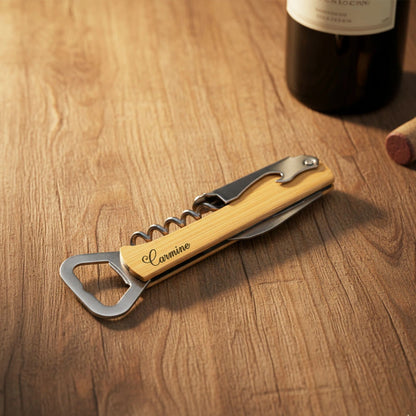 Utensile in legno e acciaio inciso, perfetto per brindisi speciali
