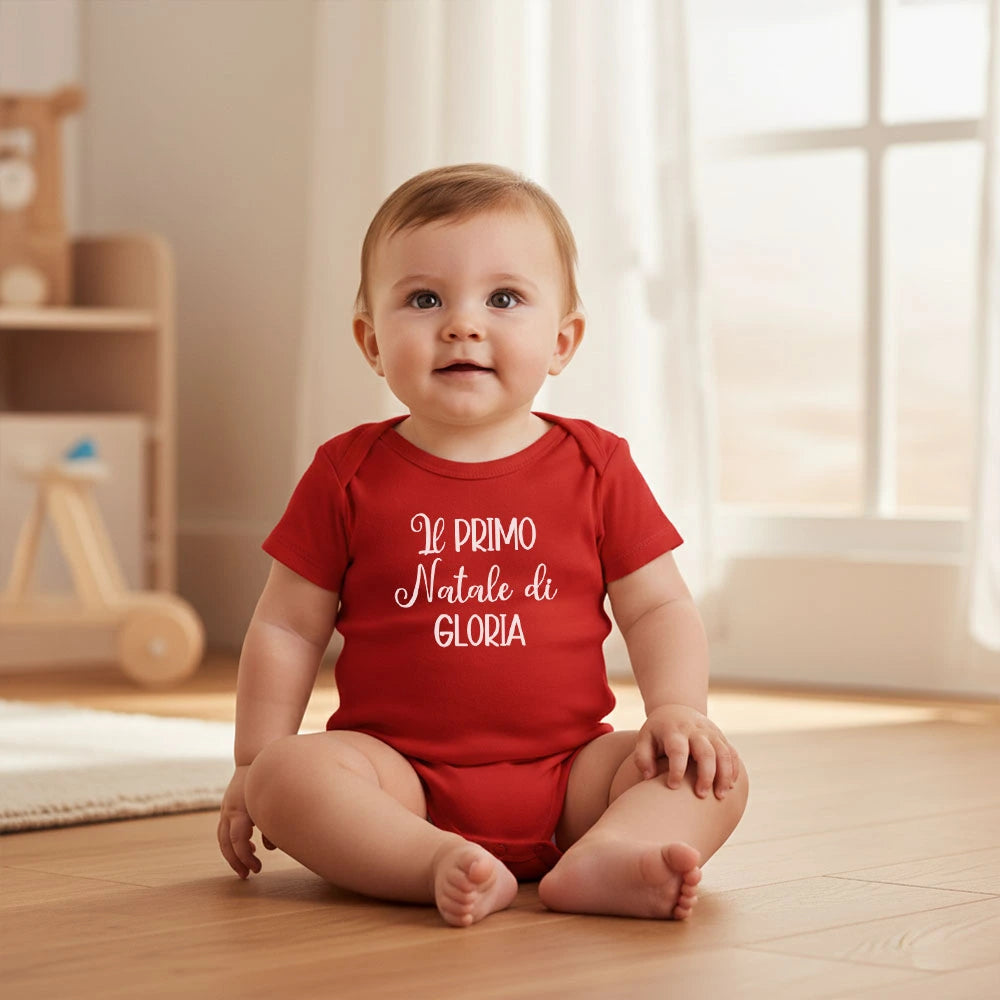 Idea regalo primo Natale neonato: body personalizzato rosso