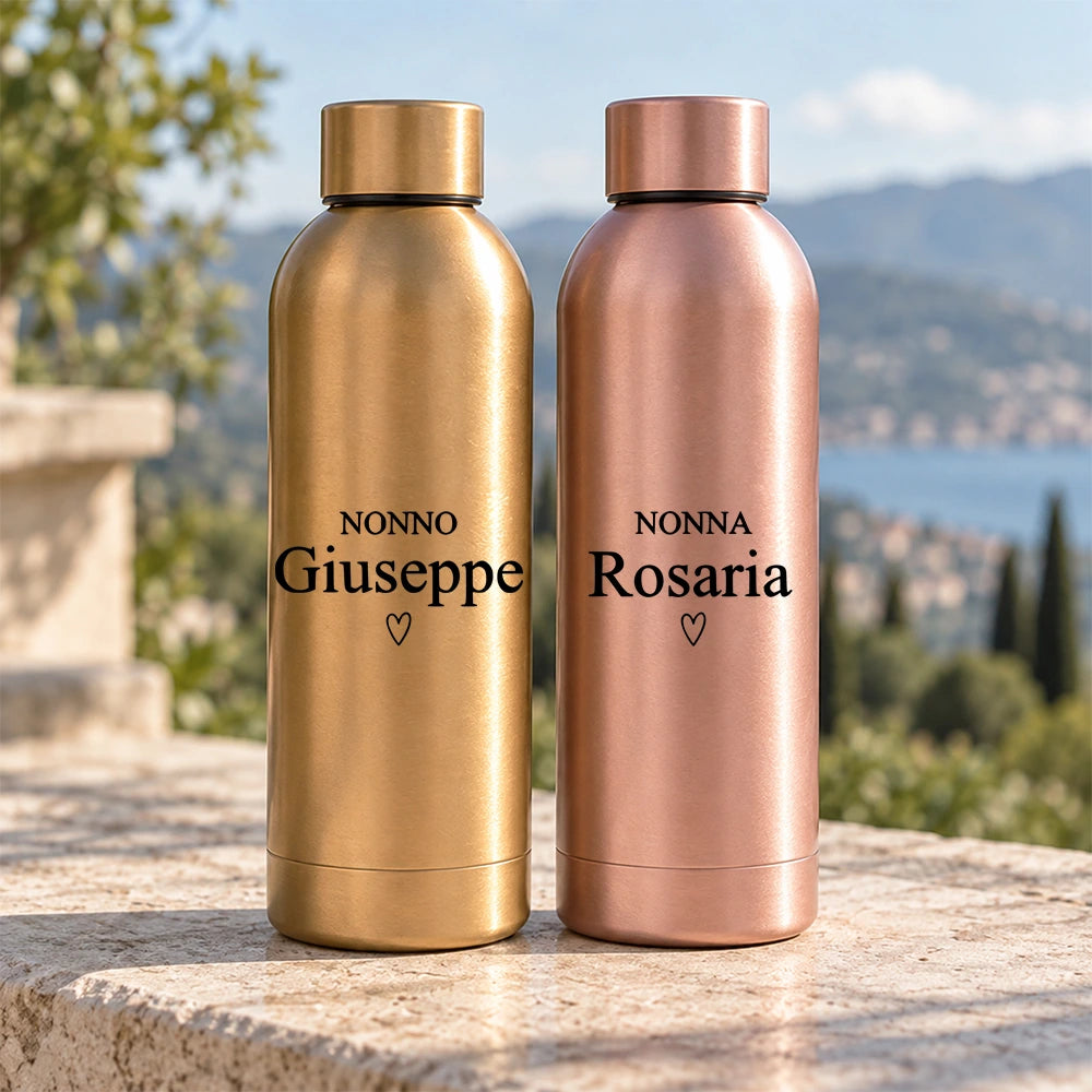 Borracce personalizzate per nonno e nonna nei colori oro e rosa gold con nome inciso
