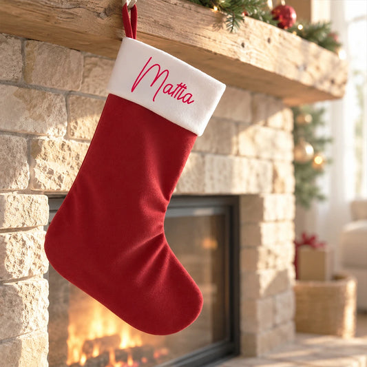 Calza di Natale rossa personalizzata con nome appesa al camino