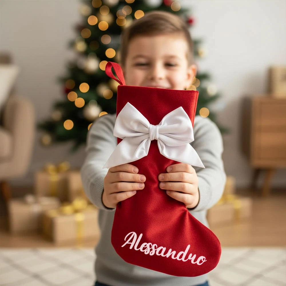 Calza della befana con fiocco bianco