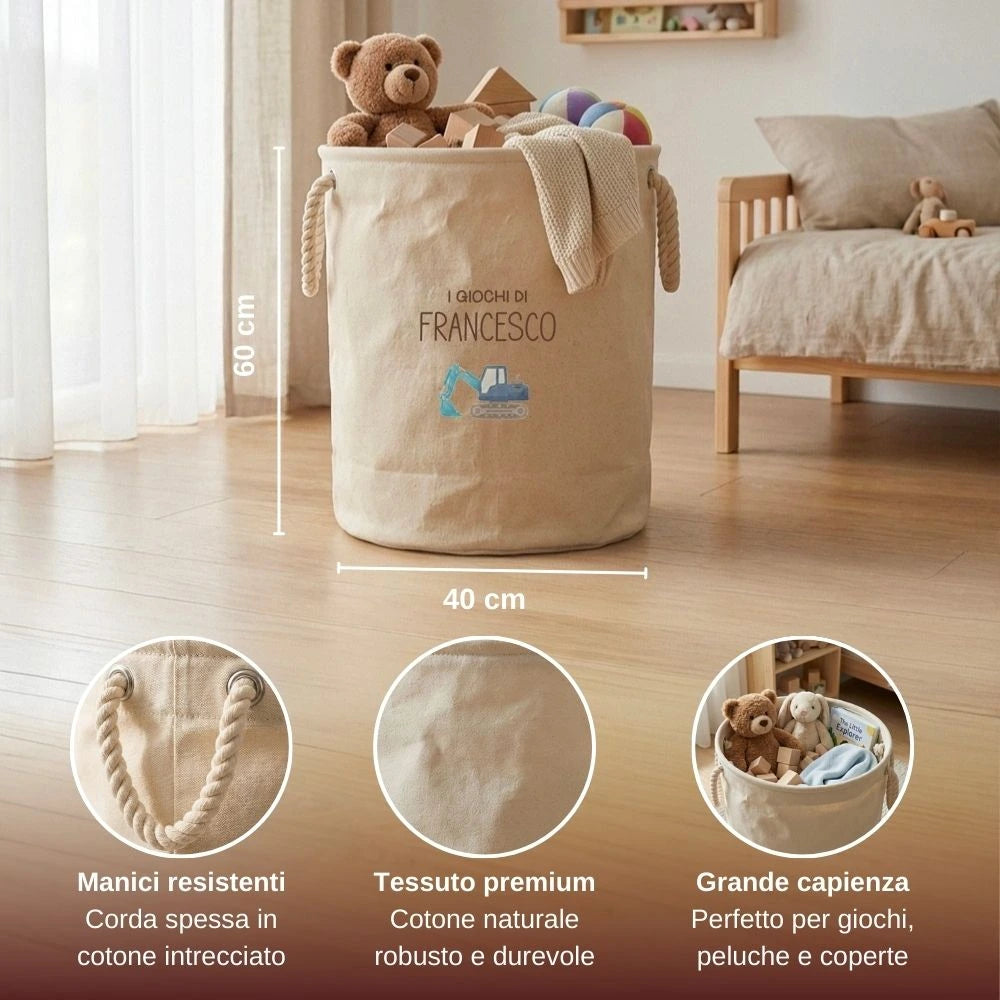 Contenitore giochi bambino con nome stampato e maniglie in corda