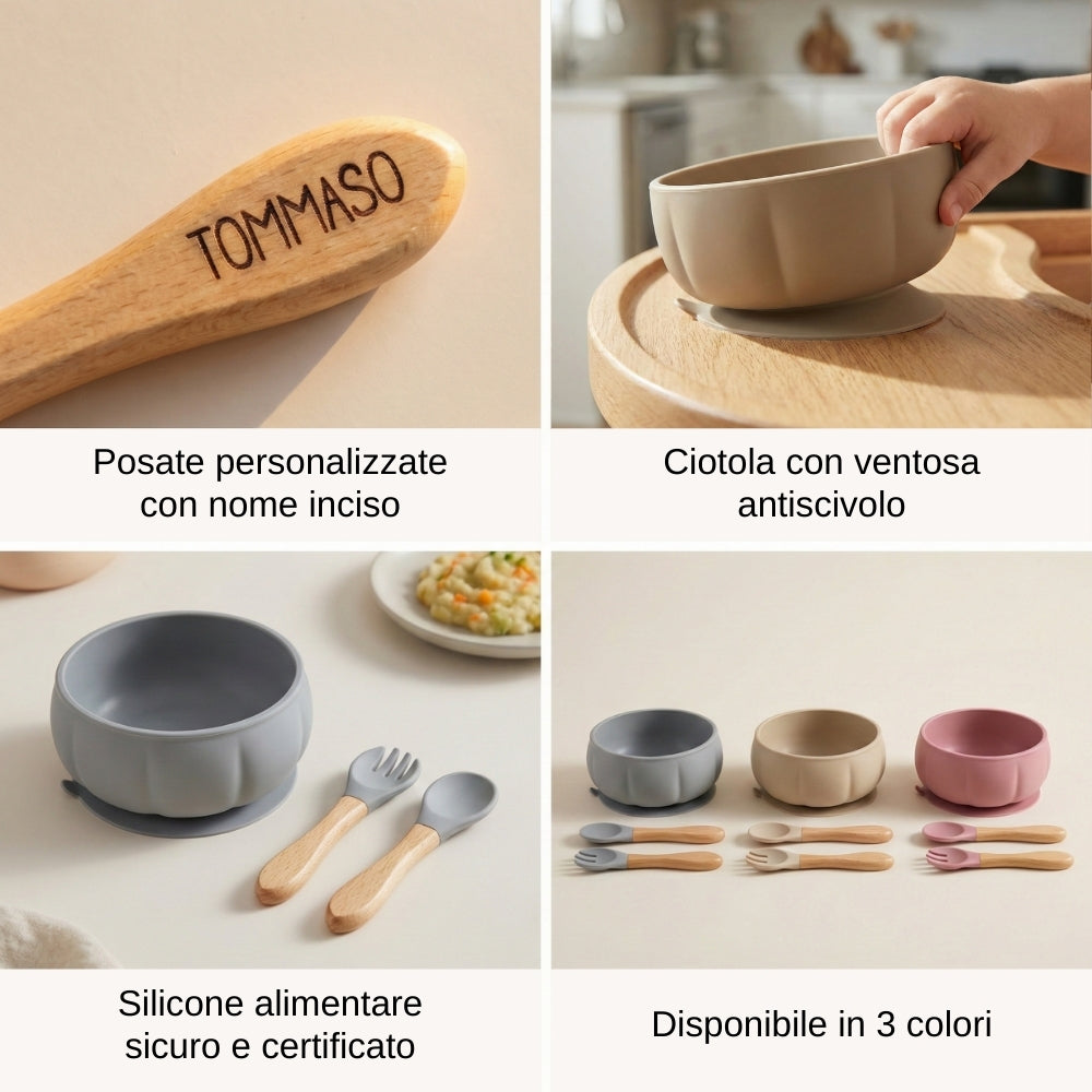 Set pappa personalizzato in silicone con ciotola a ventosa e posate