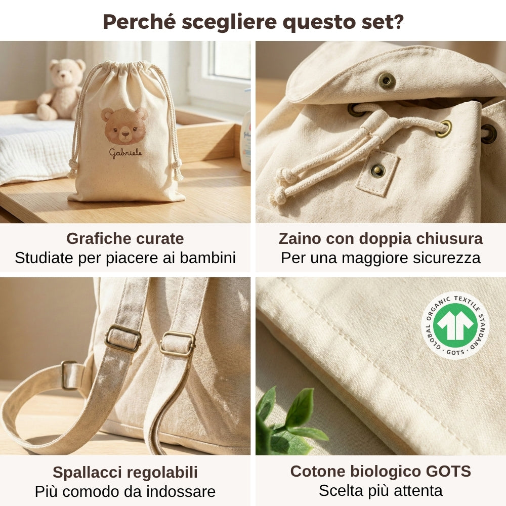 Set asilo essenziale con zainetto e sacca cambio coordinati