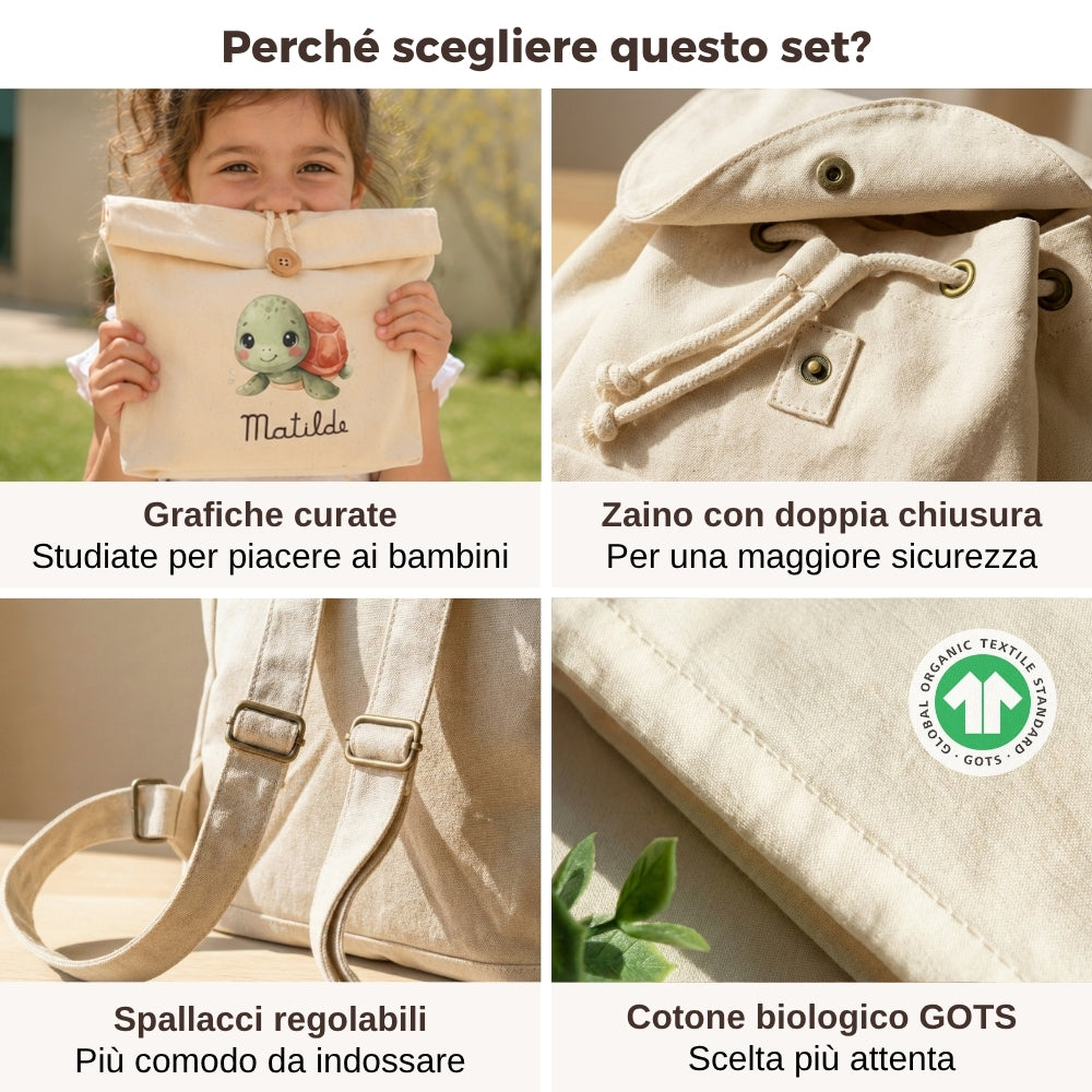 Set merenda per asilo con zaino, sacca portamerenda e contenitore snack