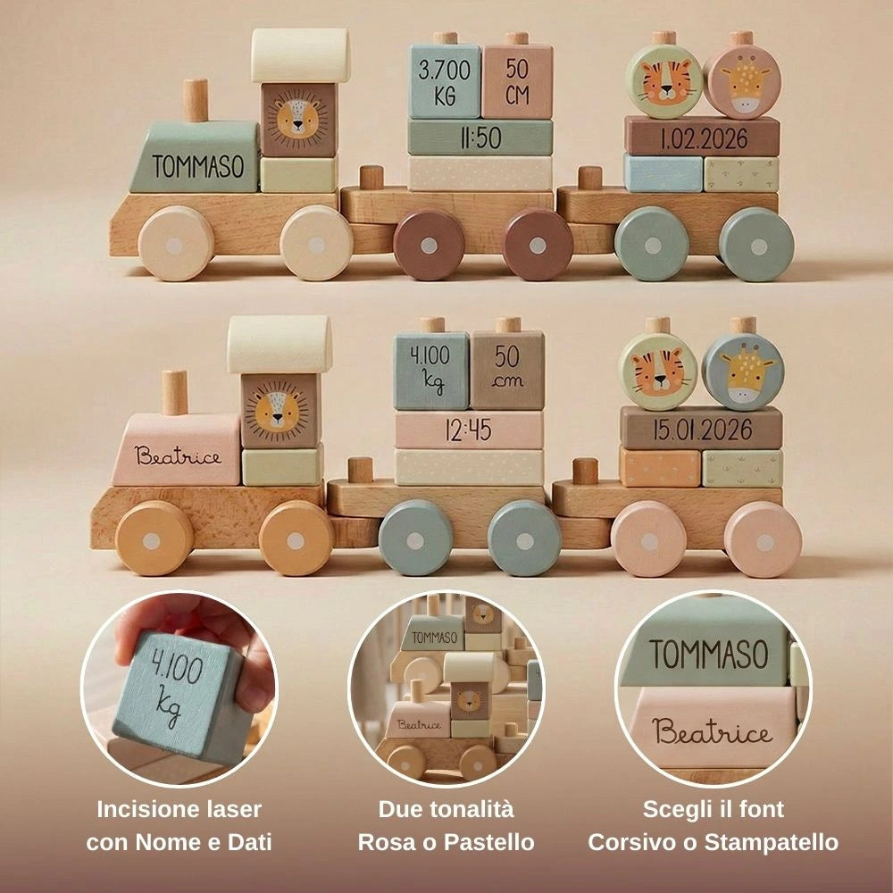 Trenino in legno educativo con blocchi impilabili