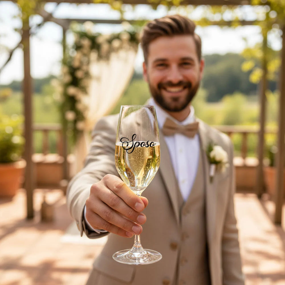 Flûte eleganti matrimonio con scritta in rilievo bianca o nera