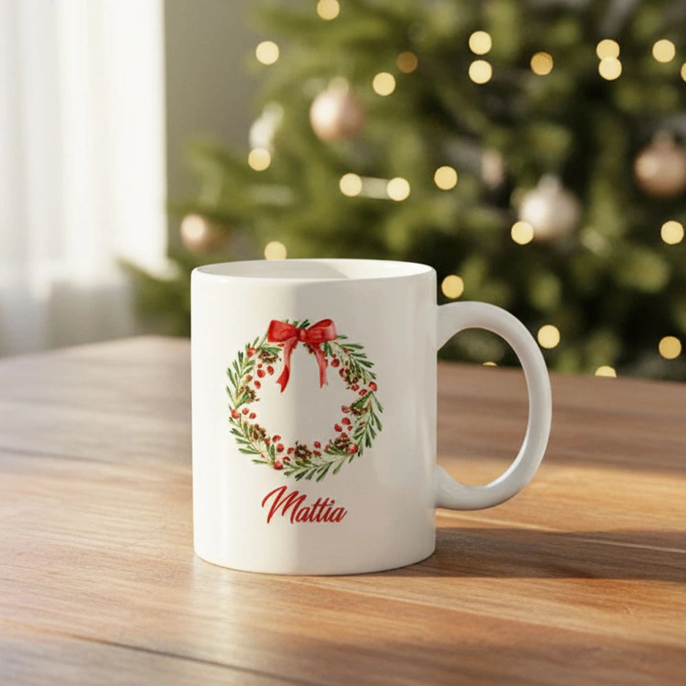 Tazza natalizia con fiocco rosso e personalizzazione nome