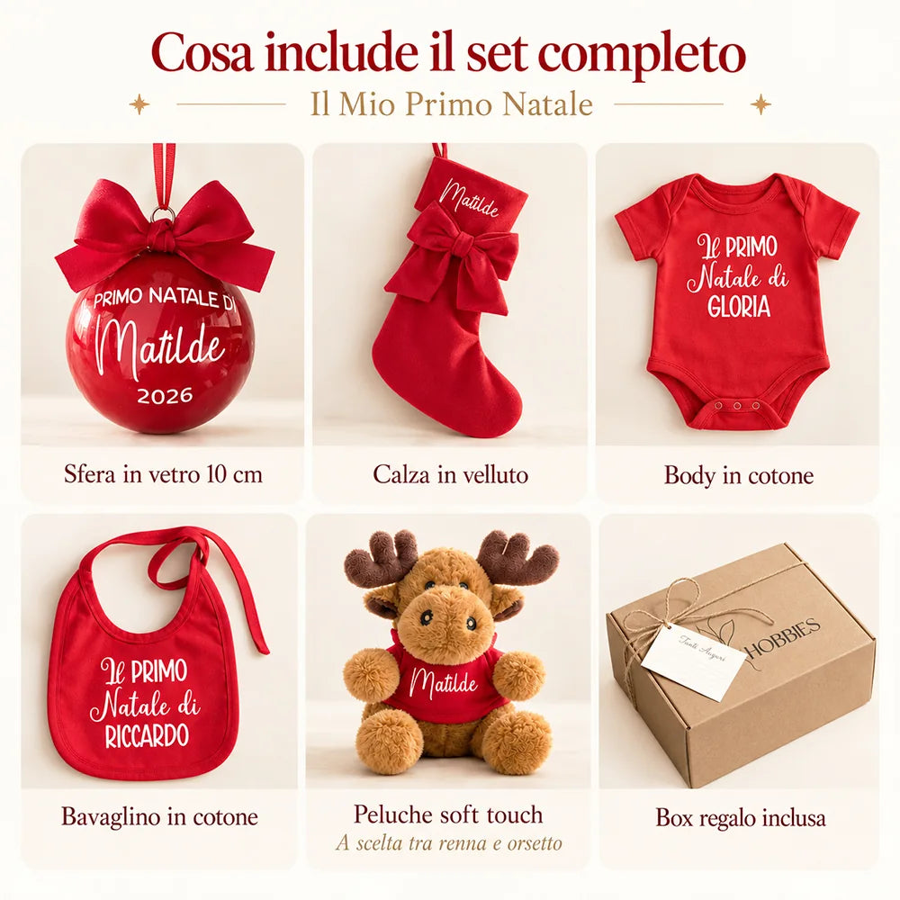 Infografica del Set Completo Primo Natale con sfera in vetro, calza, body, bavaglino, peluche e box regalo inclusa