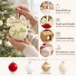 Infografica della sfera di Natale personalizzata in vetro da 10 cm con scelta di colore, fiocco, scritta e confezione inclusa