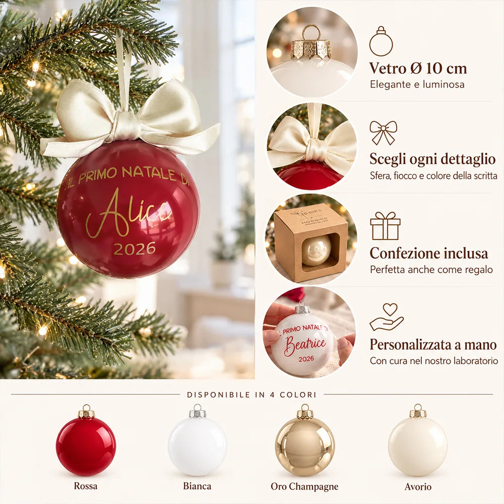 Infografica della sfera Primo Natale personalizzata in vetro da 10 cm con nome, fiocco, colori disponibili e confezione inclusa