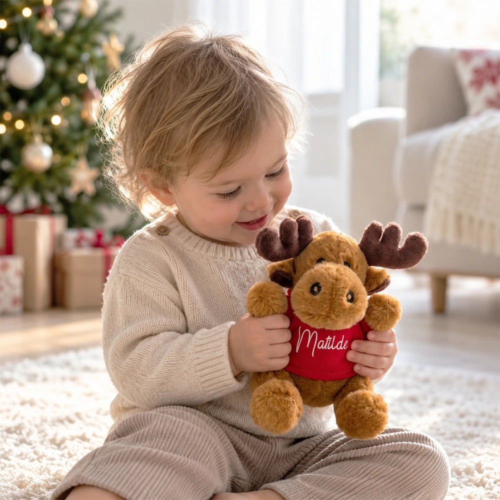 Bambino con peluche renna personalizzato con nome