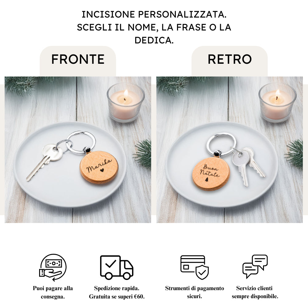 Portachiavi in Legno Rotondo con Nome e Frase