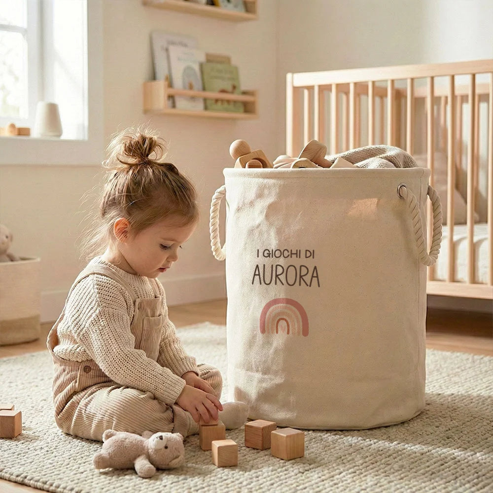 Idea regalo bambini: cesto giochi personalizzato in cotone naturale