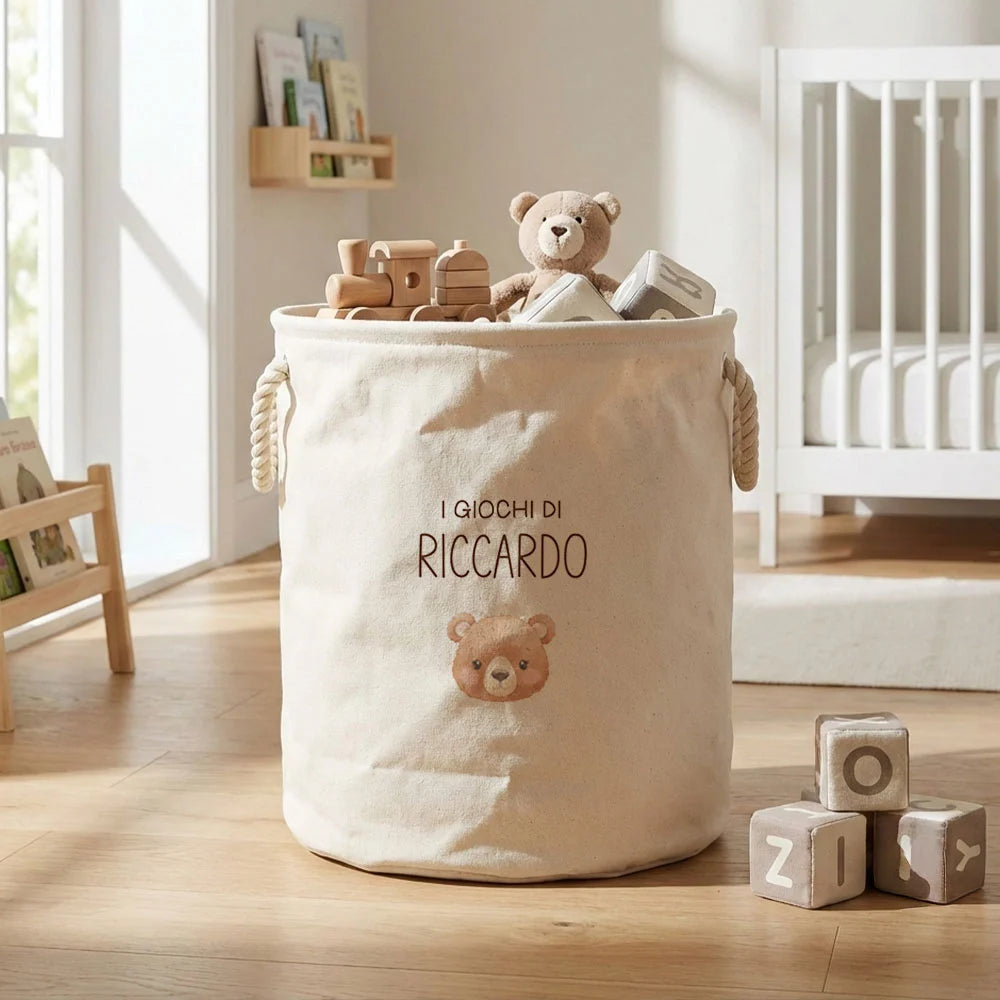 Portagiochi personalizzato in tela di cotone con scritta I giochi di