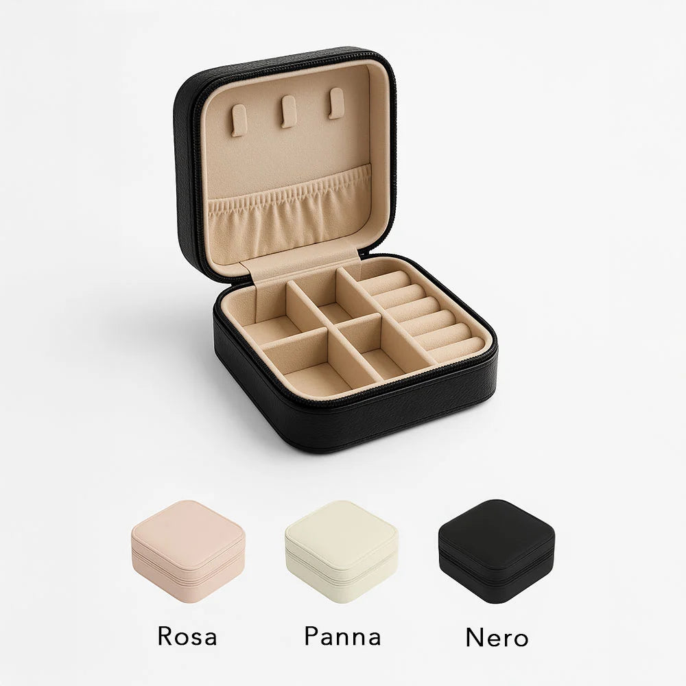 Portagioie quadrato in pelle rosa, panna e nero
