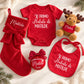 Set completo Primo Natale personalizzato con calza rossa, sfera, renna, bavaglino e body