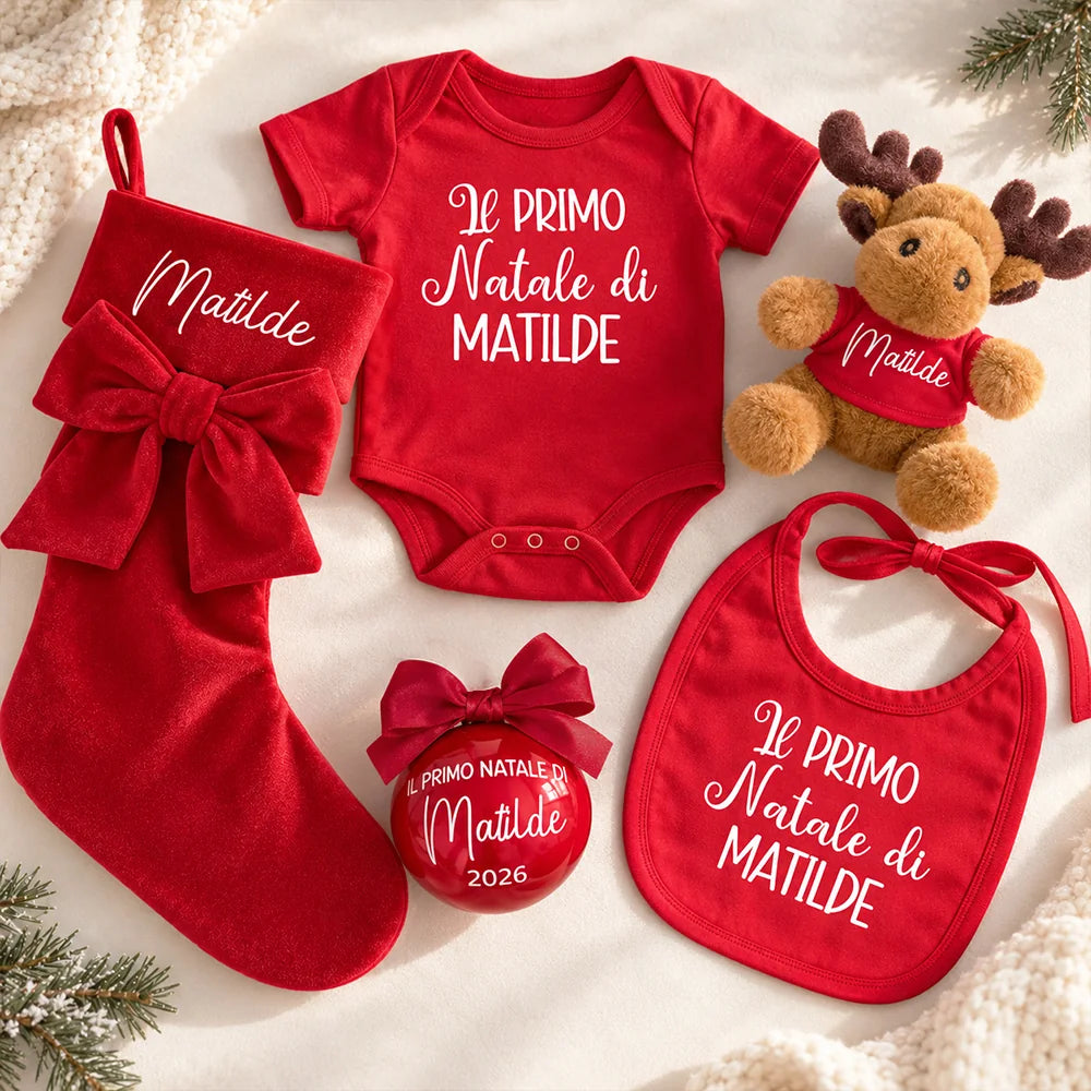 Set completo Primo Natale personalizzato con calza rossa, sfera, renna, bavaglino e body