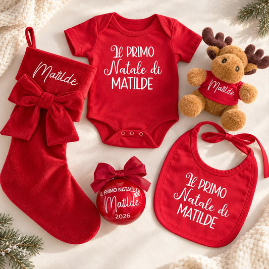 Set completo Primo Natale personalizzato con calza rossa, sfera, renna, bavaglino e body
