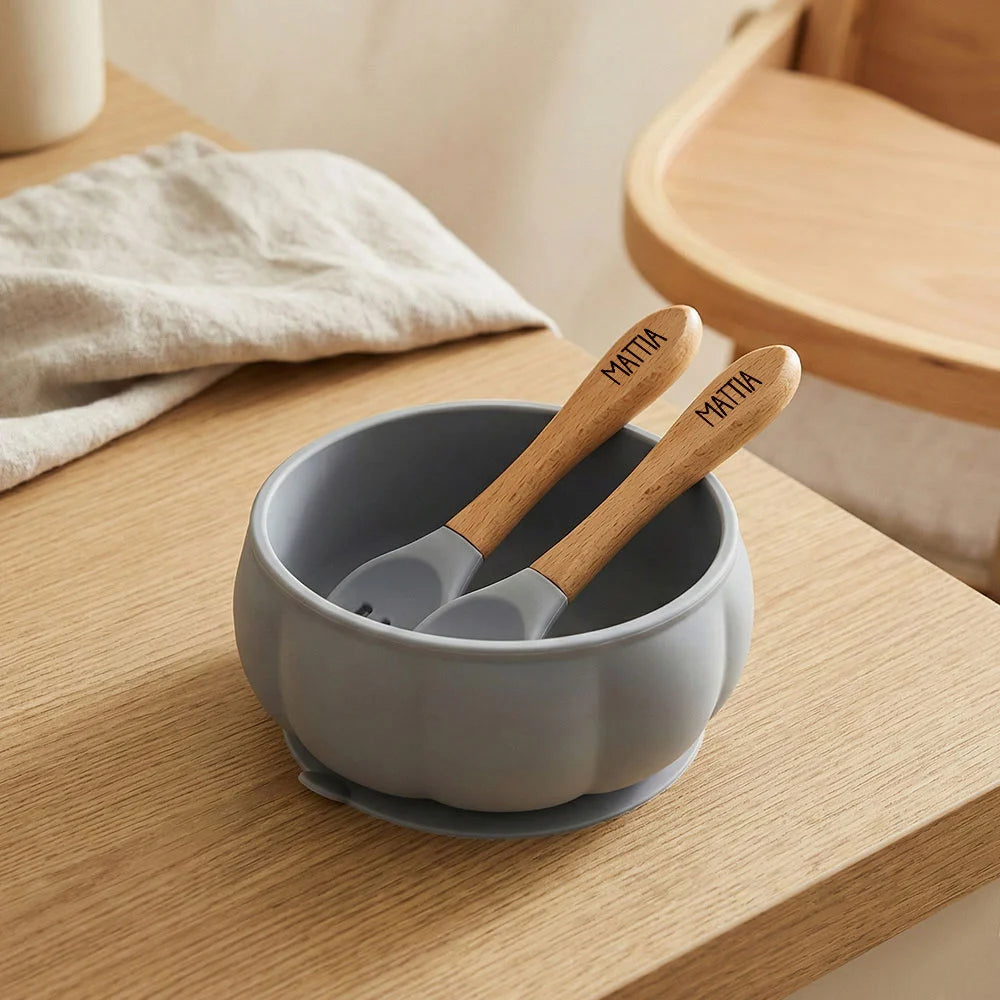 Set svezzamento bambino con posate in legno personalizzate con nome