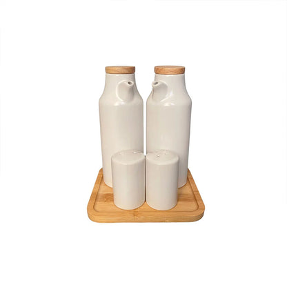 Set sale, pepe, olio e aceto in ceramica con vassoio in bambù
