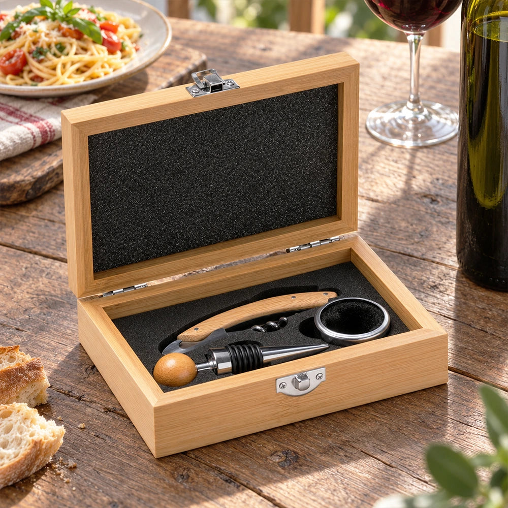 Cavatappi professionale e accessori vino all’interno di scatola in bambù incisa