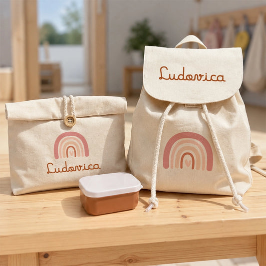 Zainetto personalizzato con portamerenda in cotone e contenitore snack