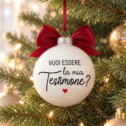 Sfera di Natale bianca personalizzata con richiesta Vuoi essere la mia testimone e fiocco rosso