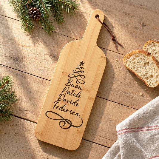 Tagliere in bambù natalizio personalizzato con scritta Buon Natale Davide Federica