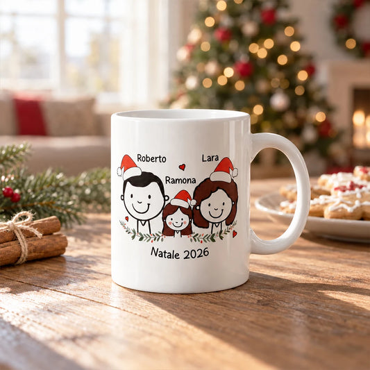 Tazza natalizia personalizzata con famiglia disegnata, nomi e scritta Natale 2026
