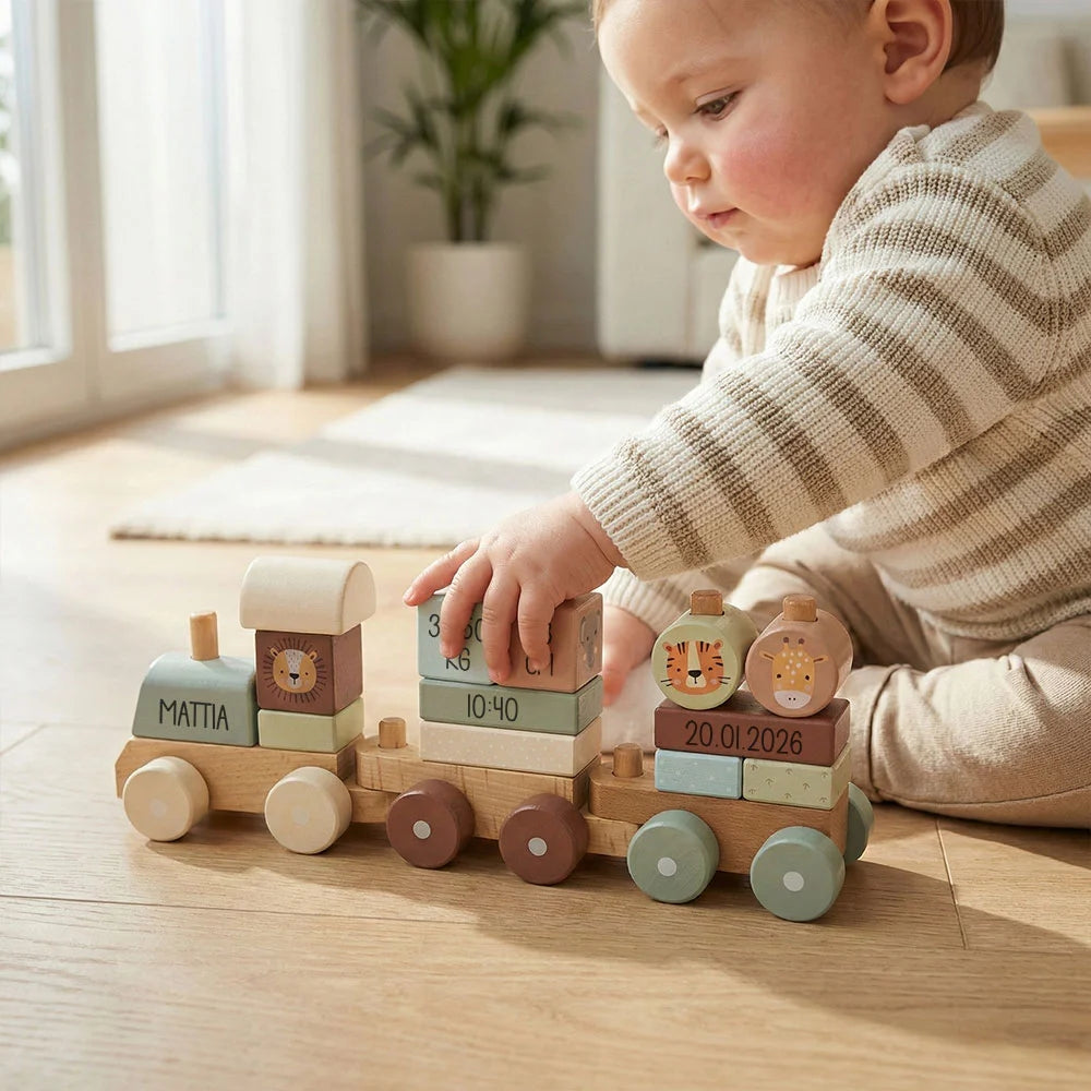 Regalo nascita: trenino in legno linea zoo personalizzato