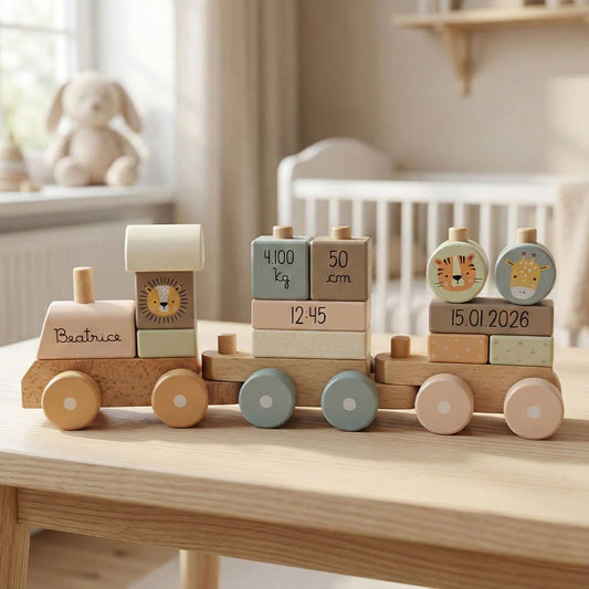 Trenino in legno personalizzato con nome e dati di nascita